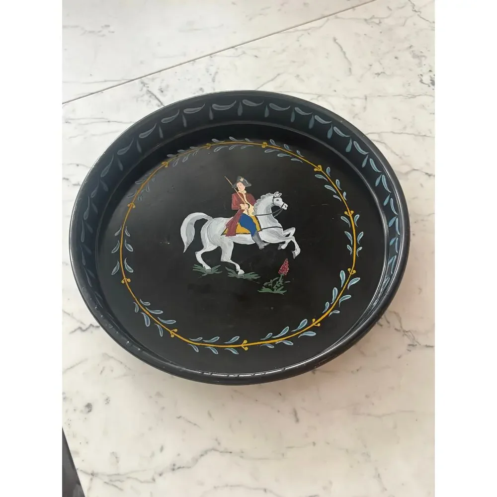 Vintage hand painted Colonial soldier horse round black metal serving tray 13”